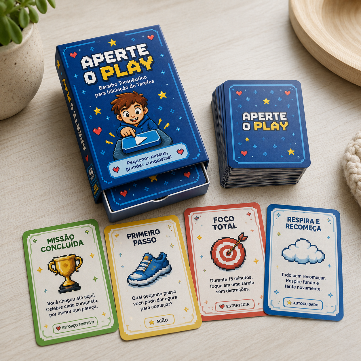 Caixa e cartas coloridas dos cinco grupos do baralho Aperte o Play